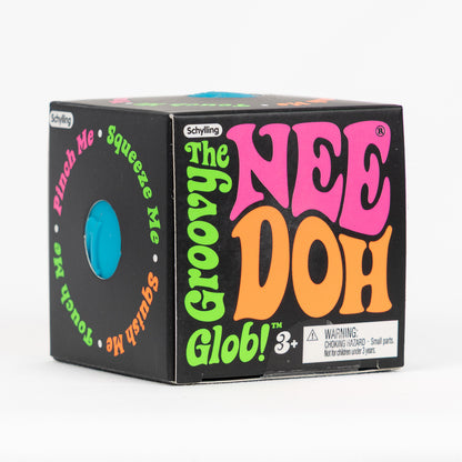 NeeDoh Groovy Glob Classic - Blue, angled front view of retail packaging.