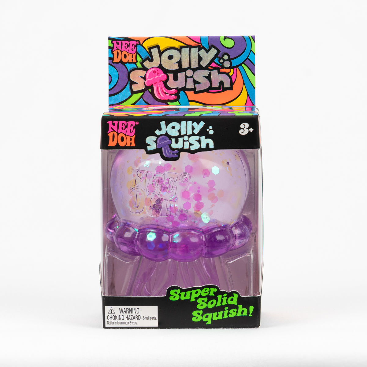 NeeDoh Jelly Squish Jellyfish - Purple, front of retail packaging.