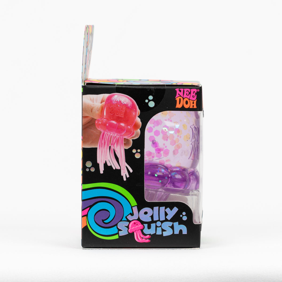 NeeDoh Jelly Squish Jellyfish, side panel of retail packaging.