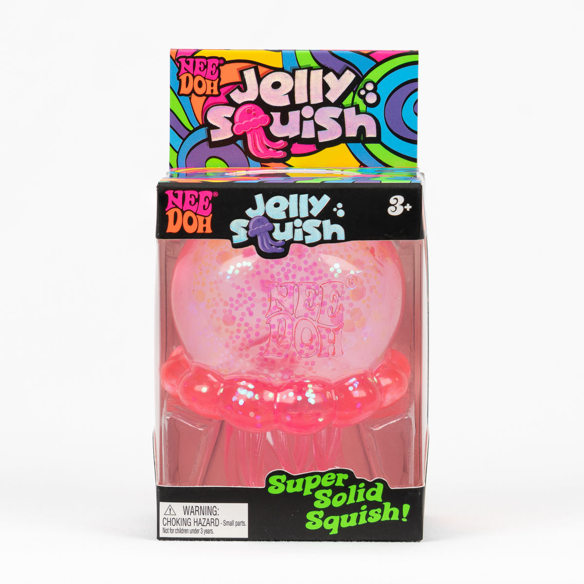 NeeDoh Jelly Squish Jellyfish - Pink, front of retail packaging.