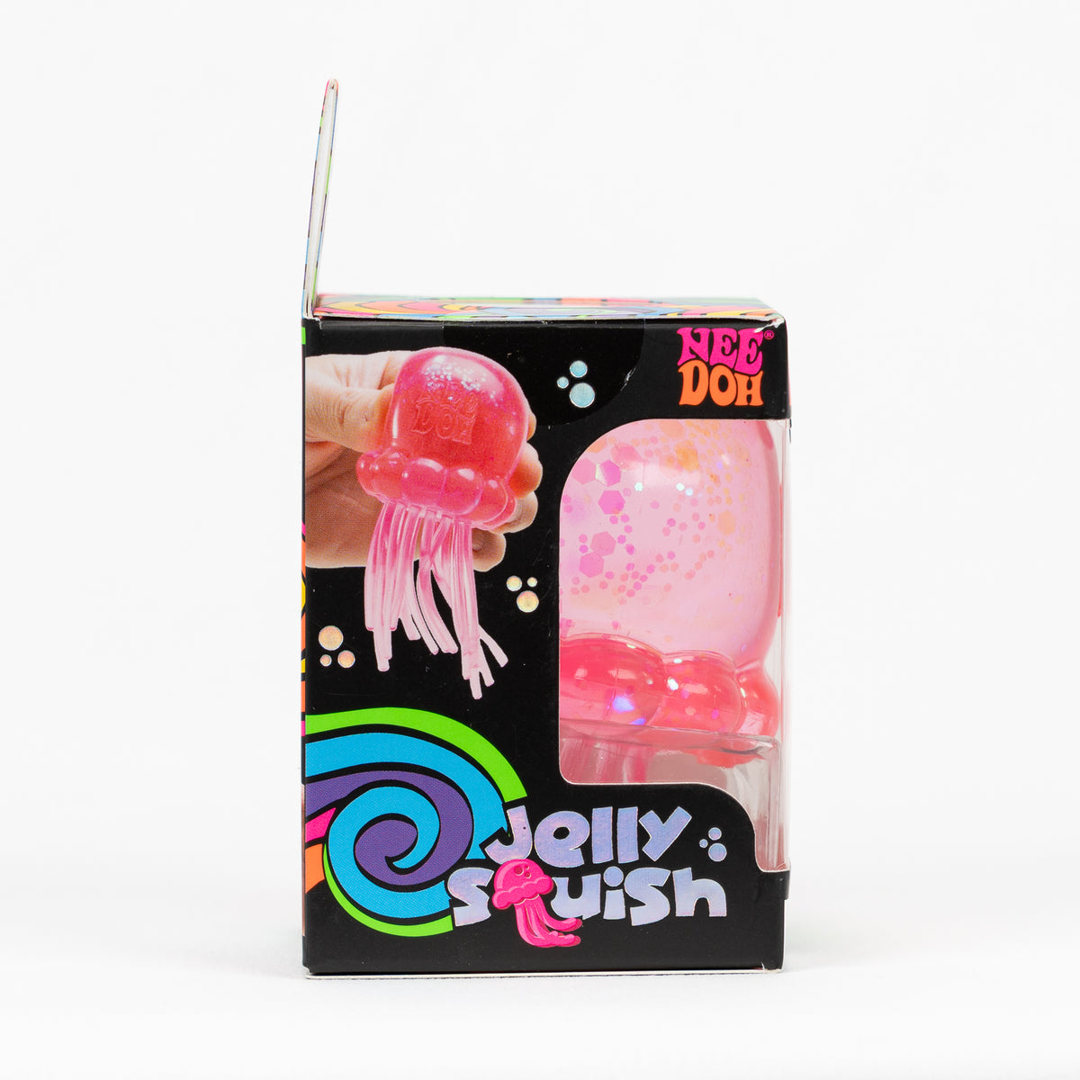 NeeDoh Jelly Squish Jellyfish, side panel of retail packaging.