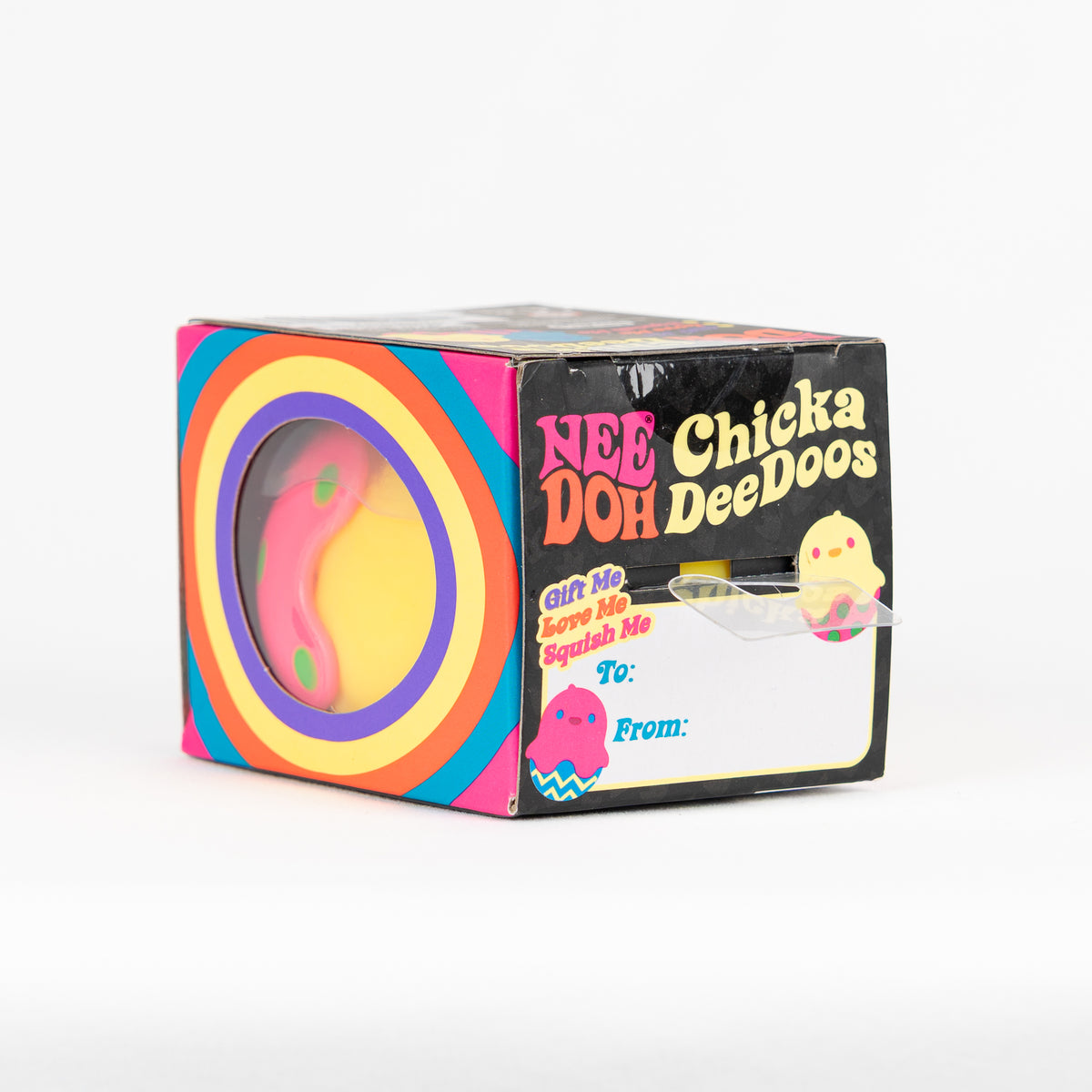 NeeDoh Chicka DeeDoos, yellow chick in a pink egg, angled rear view of retail packaging.