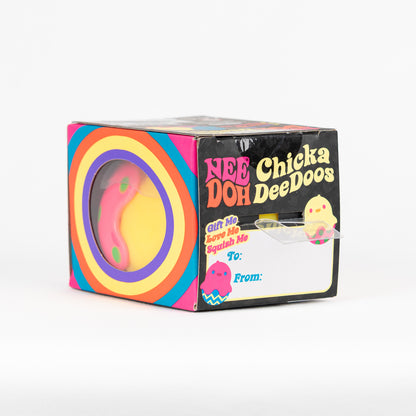NeeDoh Chicka DeeDoos, yellow chick in a pink egg, angled rear view of retail packaging.