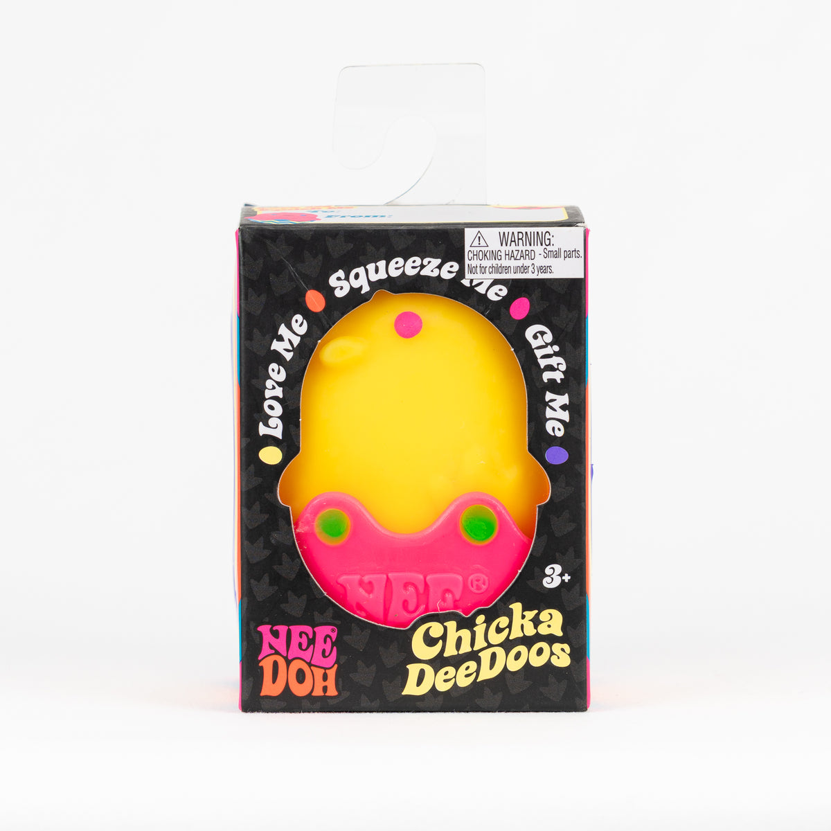NeeDoh Chicka DeeDoos, yellow chick in a pink egg, front of retail packaging.