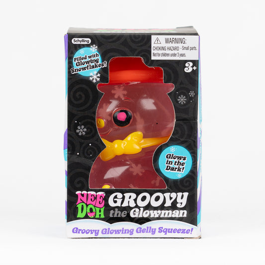 NeeDoh Groovy the Glowman, pink snowman, front of retail packaging.