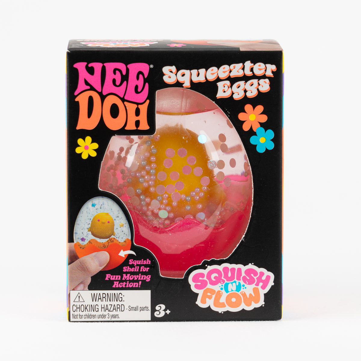 NeeDoh Squeezter Eggs, pink shell and yellow chick, rear package window.