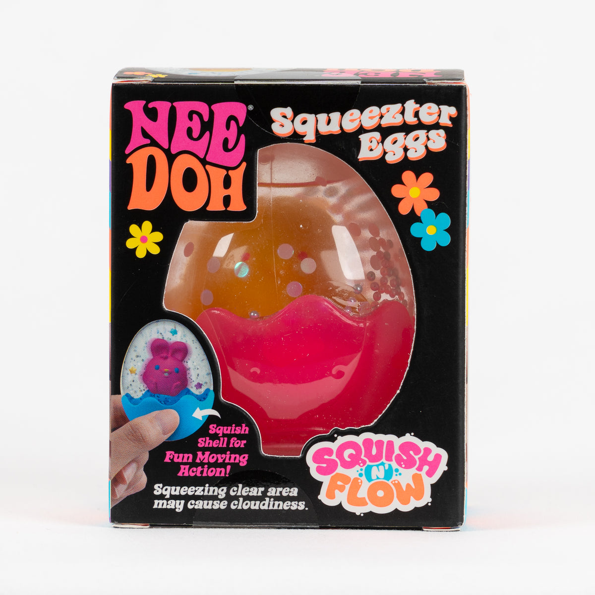 NeeDoh Squeezter Eggs, pink shell and yellow chick, front of retail packaging.