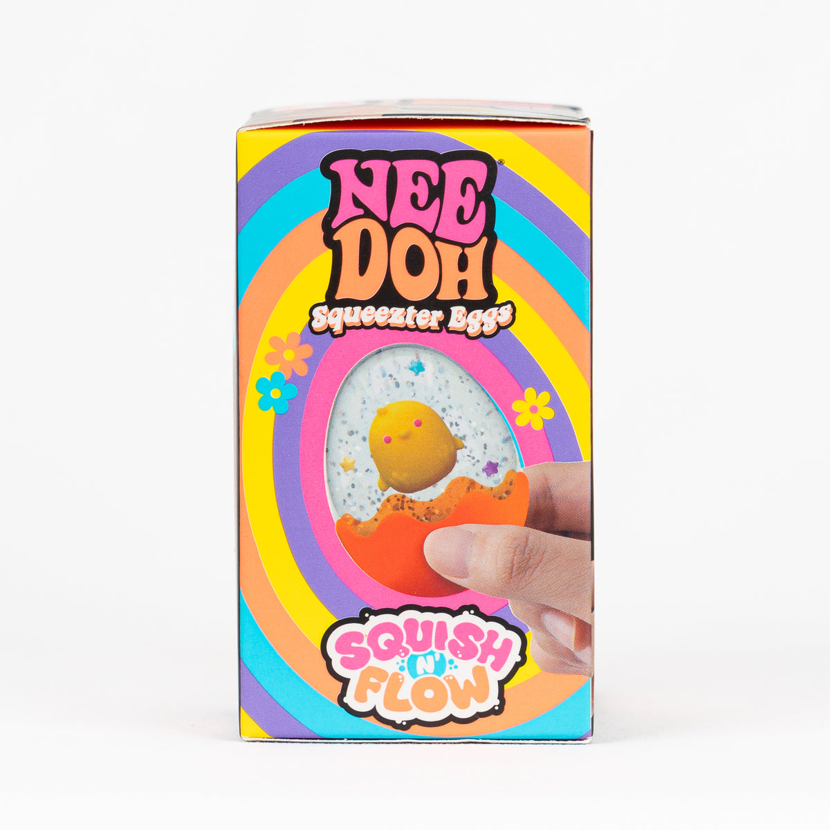 NeeDoh Squeezter Eggs, side panel with package artwork.