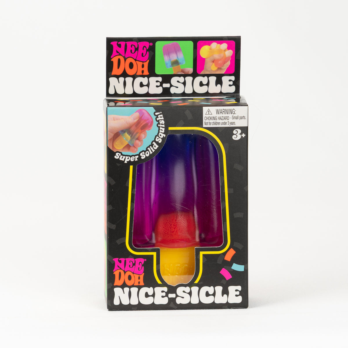 Purple and pink NeeDoh Nice-Sicle in its original retail packaging, front view.