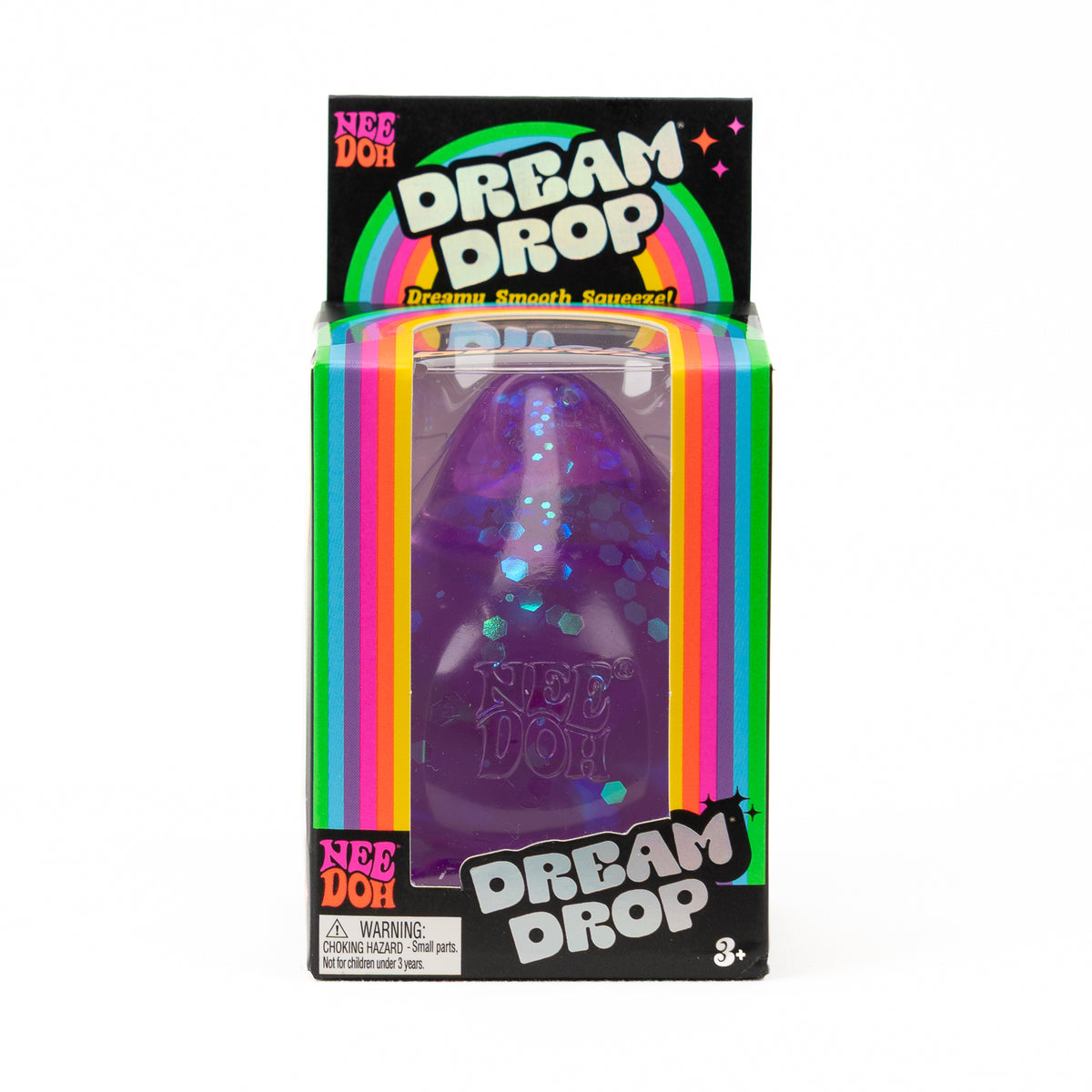 Purple glitter NeeDoh Dream Drop in its original retail packaging, front view.