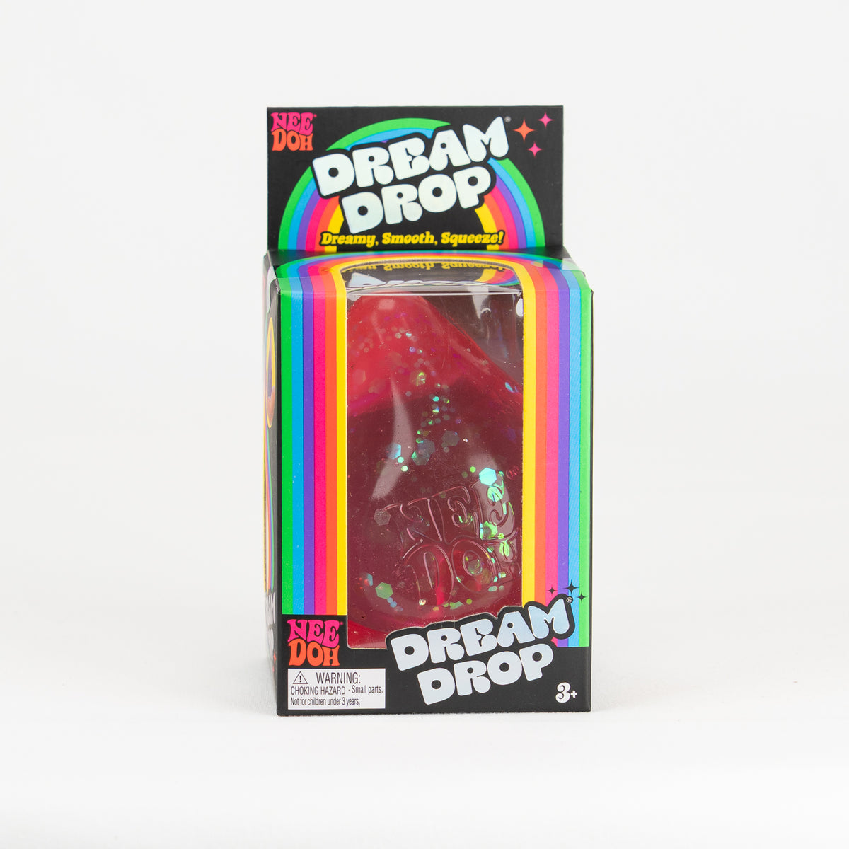 Pink glitter NeeDoh Dream Drop in its original retail packaging, front view.