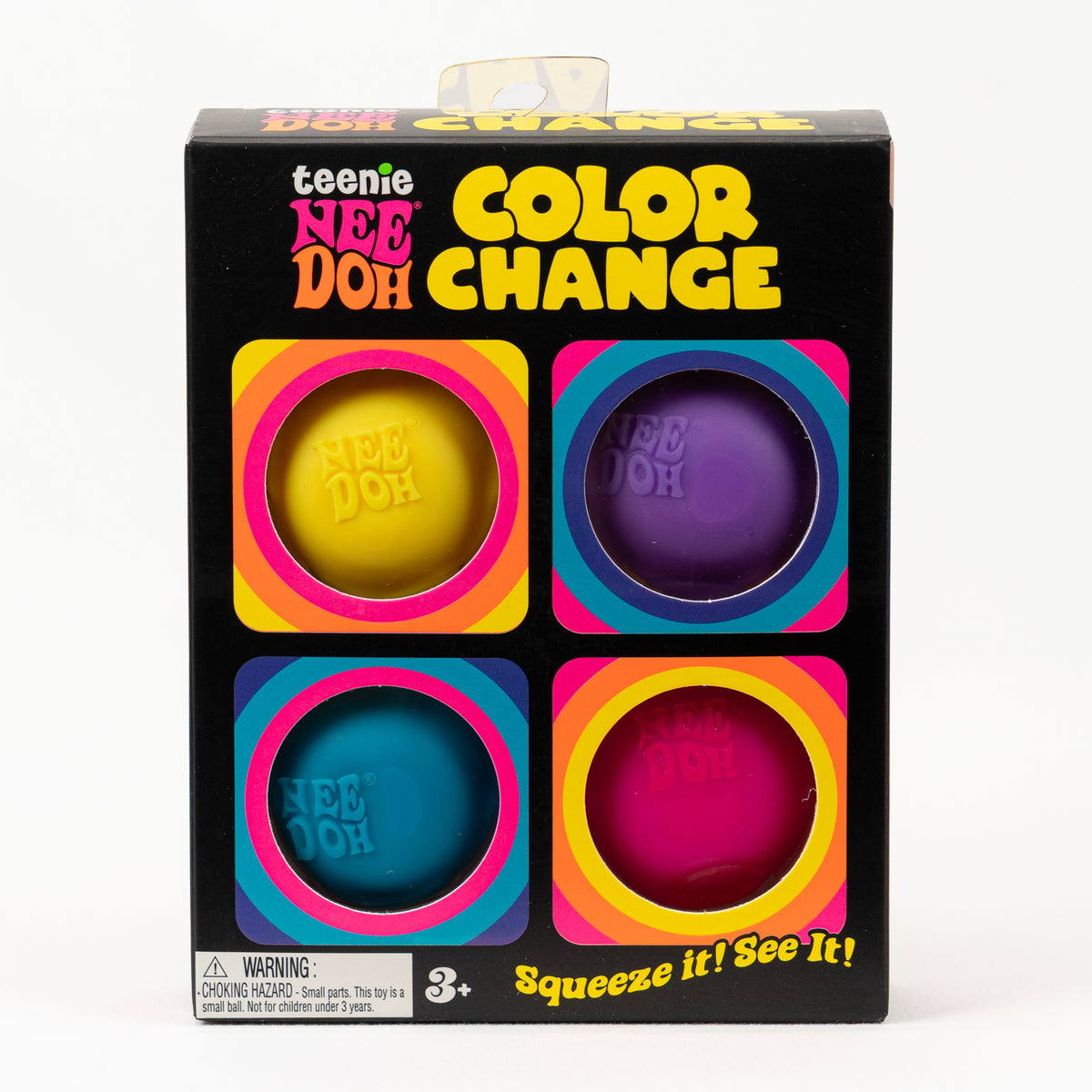 Sealed Teenie NeeDoh Color Change 4-Pack in its original retail packaging, front view.