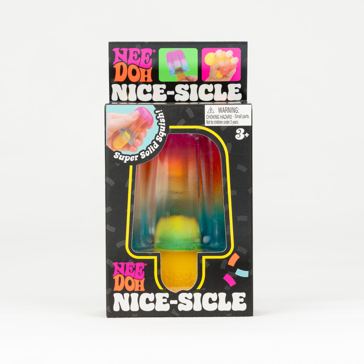 Pink, yellow and blue NeeDoh Nice-Sicle in its original retail packaging, front view.