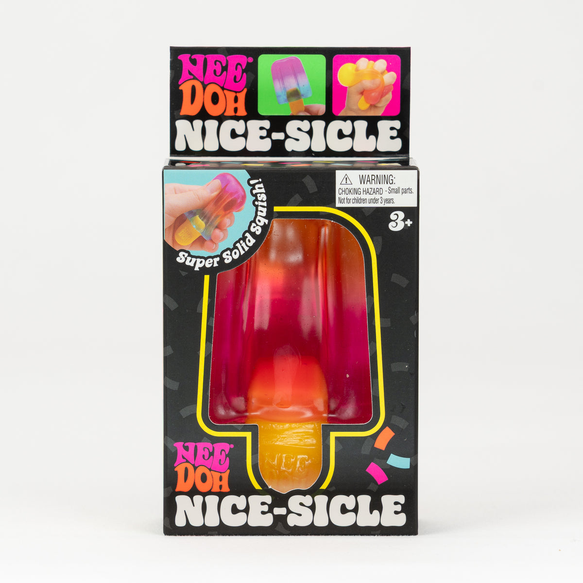 Orange and pink NeeDoh Nice-Sicle in its original retail packaging, front view.